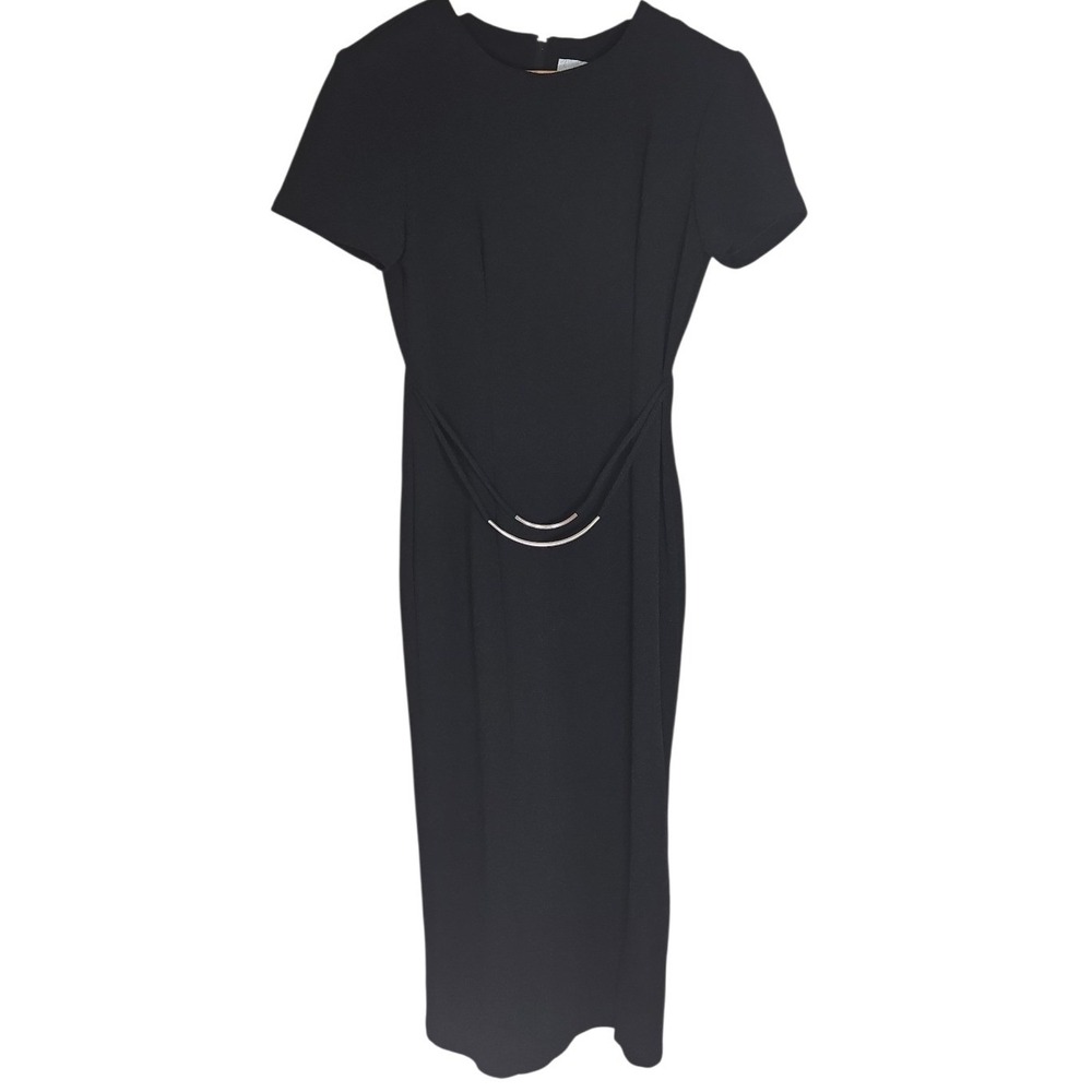 Scarlett VTG Black‎ Short Sleeve Sheath Midi Dress Silver Detail Size 9/10 Chic